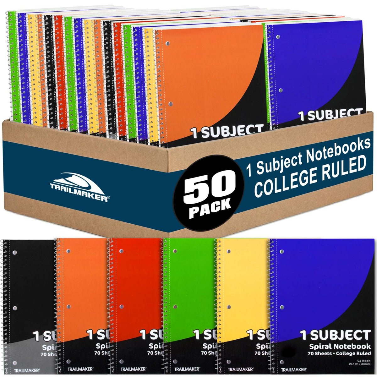 Trail maker Bulk Notebooks (50 Pack), One Subject Notebooks College Ruled, 140 Pages (70 Sheets),Spiral Bulk Notebooks for Kids, School Supplies, Journaling, Note Taking, Students, and Work