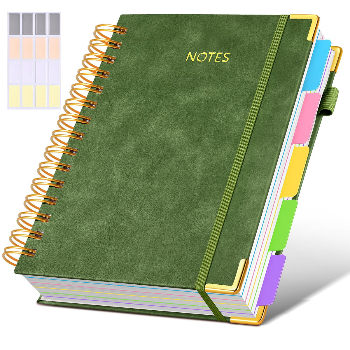 Hardcover Spiral Notebook journal with Removable Dividers Tabs, 300 Pages Leather 5 Subject Notebook College Ruled, 8"x10" Large B5 Notebooks for Work School Note taking, Lined Journal for Women,Green