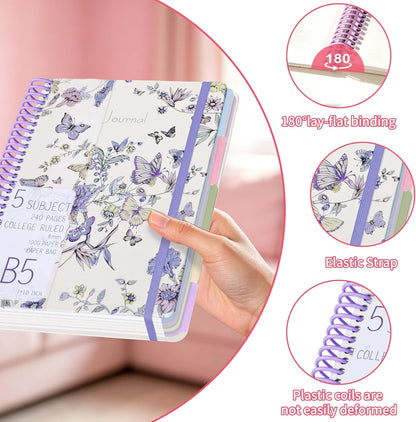 5 Subject Notebook College Ruled,B5 Spiral Lined Notebook with Dividers,240 Pages 100GSM Thick Spiral Writing Journal for Women,B5 Notebooks for School Office,7"*10",Purple
