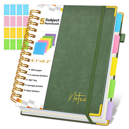 Spiral Notebook Journal with Removable Dividers Tabs, 300 Pages Hardcover Leather 5 Subject College Ruled Notebook, 8"x10" Large B5 Lined Journal for Women Men, Spiral Notebooks for Work School,Purple