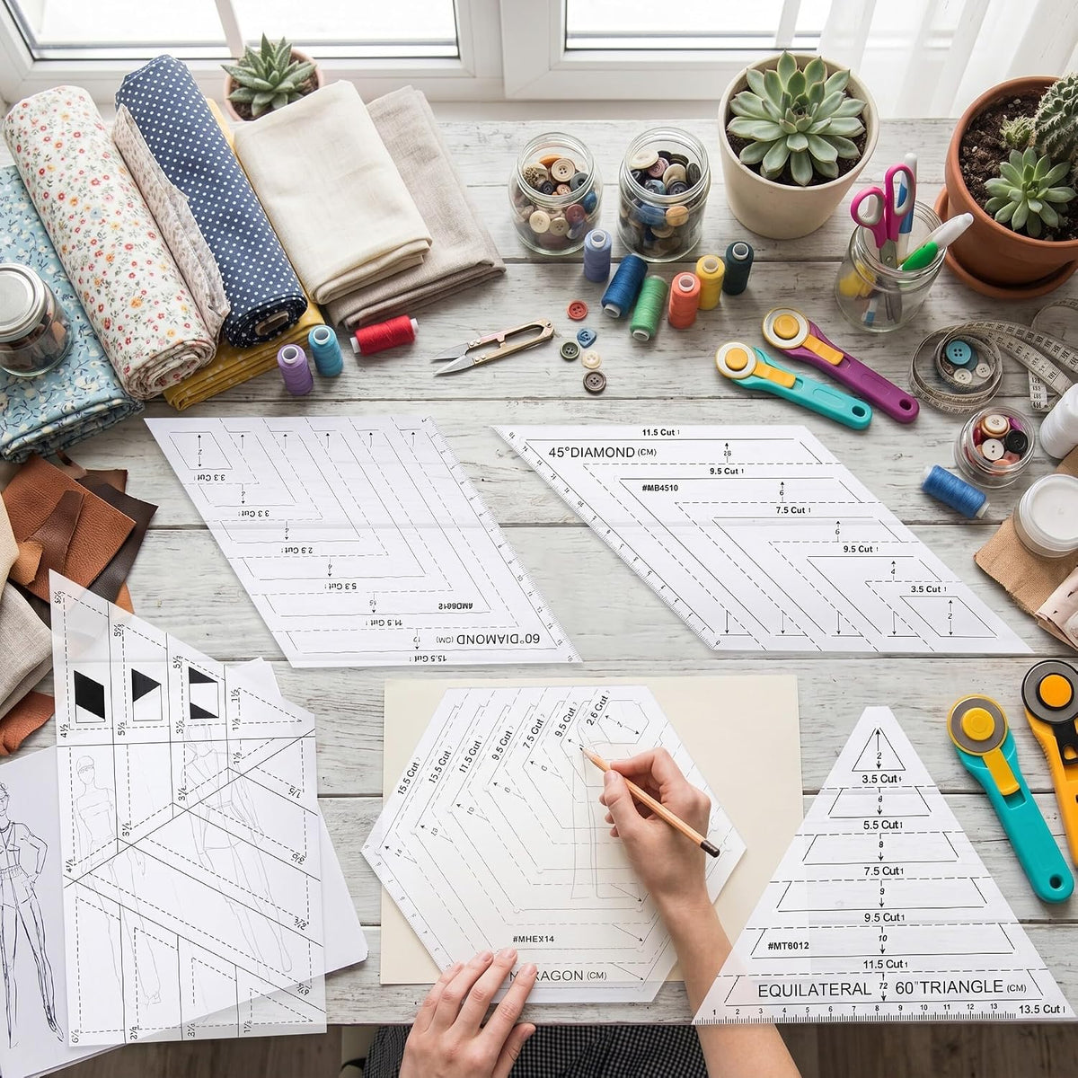 60 Degree Quilting Ruler Set, Ideal for Quilting, Sewing, Drawing, Cutting Plate with Trapezoidal, Triangular, 45 Degree, 60, Hex Rulers, Measuring Tool