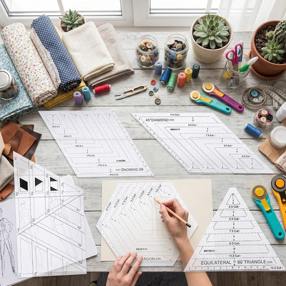60 Degree Quilting Ruler Set, Ideal for Quilting, Sewing, Drawing, Cutting Plate with Trapezoidal, Triangular, 45 Degree, 60, Hex Rulers, Measuring Tool