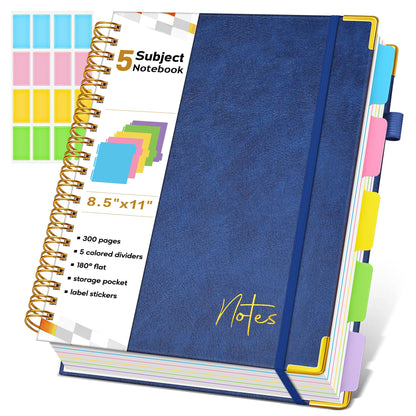 Spiral Notebook Journal with Removable Dividers Tabs, 300 Pages Hardcover Leather 5 Subject College Ruled Notebook, 8"x10" Large B5 Lined Journal for Women Men, Spiral Notebooks for Work School,Purple