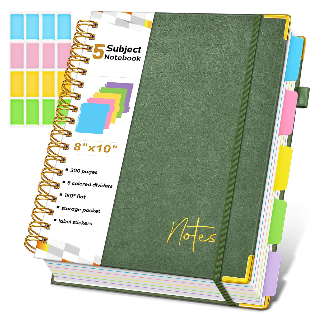 Spiral Notebook Journal with Removable Dividers Tabs, 300 Pages Hardcover Leather 5 Subject College Ruled Notebook, 8"x10" Large B5 Lined Journal for Women Men, Spiral Notebooks for Work School,Purple