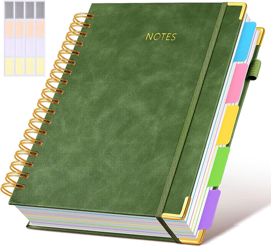 Hardcover Spiral Notebook journal with Removable Dividers Tabs, 300 Pages Leather 5 Subject Notebook College Ruled, 8"x10" Large B5 Notebooks for Work School Note taking, Lined Journal for Women,Green