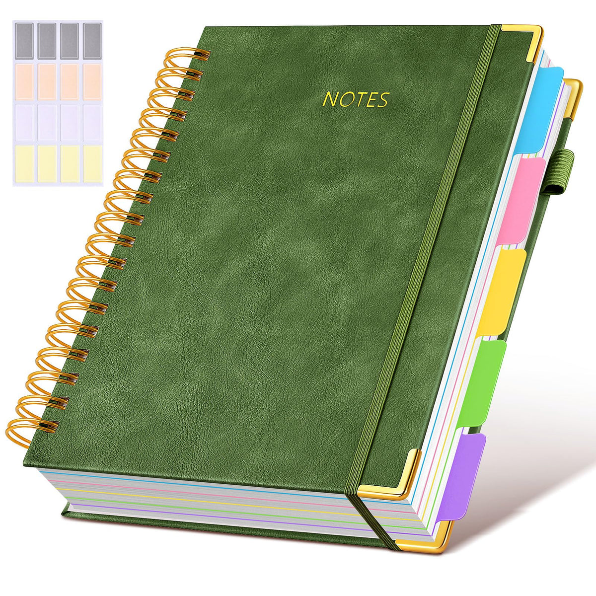 Hardcover Spiral Notebook journal with Removable Dividers Tabs, 300 Pages Leather 5 Subject Notebook College Ruled, 8"x10" Large B5 Notebooks for Work School Note taking, Lined Journal for Women,Green