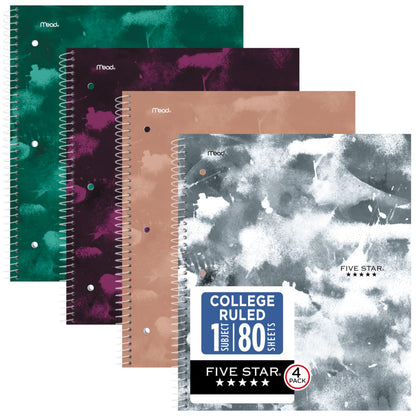 Five Star Spiral Notebook + Study App, 1 Subject, College Ruled Paper, 8-1/2" x 11", 80 Sheets, Styles, 4 Pack (850222F)