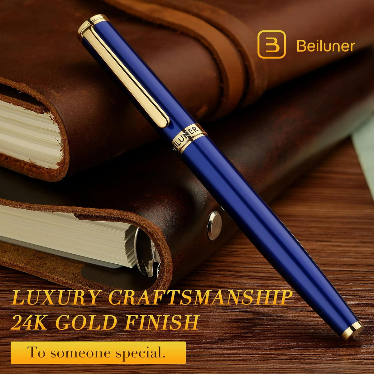 BEILUNER Blue Fountain Pen, 24K Gold Accents,24K Gilded Nib(Medium)