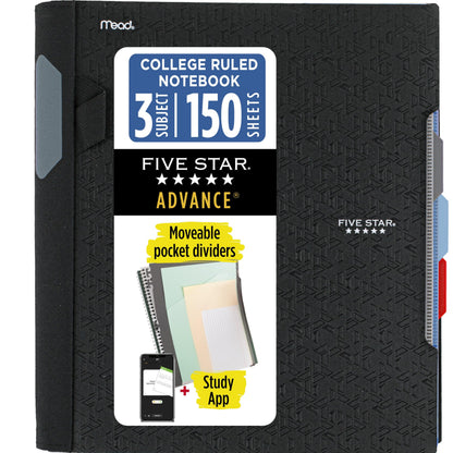 Five Star Advance Spiral Notebook + Study App, 3 Subject, College Ruled Paper, 8-1/2" x 11", 150 Sheets, Spiral Guard, Movable Tabbed Dividers, Pacific Blue (73138)