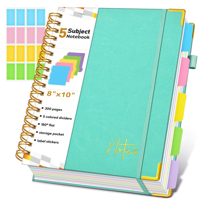 Spiral Notebook Journal with Removable Dividers Tabs, 300 Pages Hardcover Leather 5 Subject College Ruled Notebook, 8"x10" Large B5 Lined Journal for Women Men, Spiral Notebooks for Work School,Purple