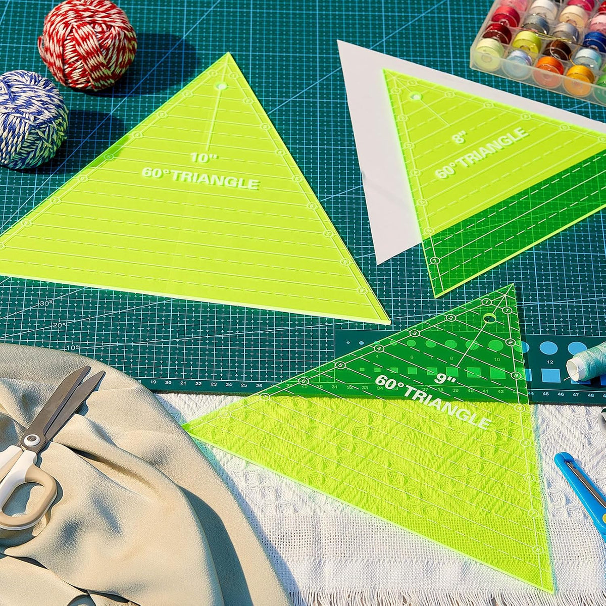 Kigley 3 Pcs 60 Degree Triangle Ruler for Quilting Acrylic Template Rulers Quilting Sewing Layer Cake Patchwork Supplies for Cutting Pattern DIY Craft(Green, 8, 9, 10 Inch)