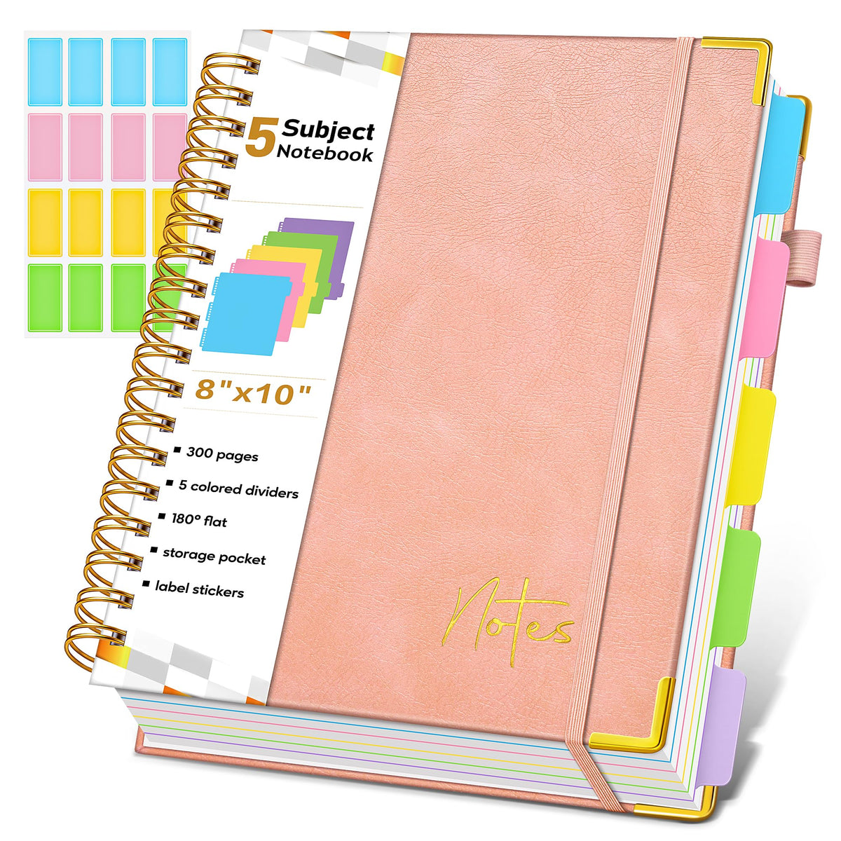 Spiral Notebook Journal with Removable Dividers Tabs, 300 Pages Hardcover Leather 5 Subject College Ruled Notebook, 8"x10" Large B5 Lined Journal for Women Men, Spiral Notebooks for Work School,Purple