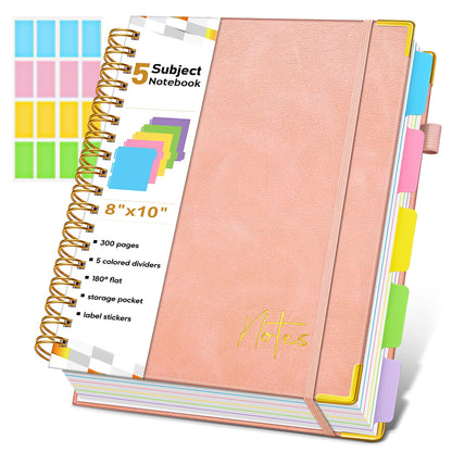 Spiral Notebook Journal with Removable Dividers Tabs, 300 Pages Hardcover Leather 5 Subject College Ruled Notebook, 8"x10" Large B5 Lined Journal for Women Men, Spiral Notebooks for Work School,Purple