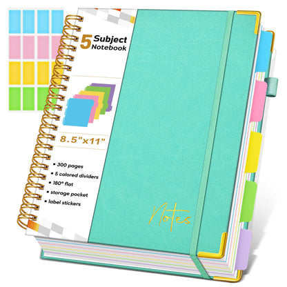 Spiral Notebook Journal with Removable Dividers Tabs, 300 Pages Hardcover Leather 5 Subject College Ruled Notebook, 8"x10" Large B5 Lined Journal for Women Men, Spiral Notebooks for Work School,Purple