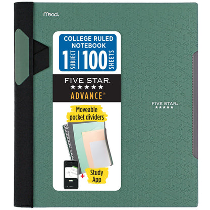 Five Star Advance Spiral Notebooks + Study App, 2 Pack, 1 Subject, College Ruled Paper, 11" x 8-1/2", 100 Sheets, With Spiral Guard and Movable Dividers, Black, Pacific Blue (820112)