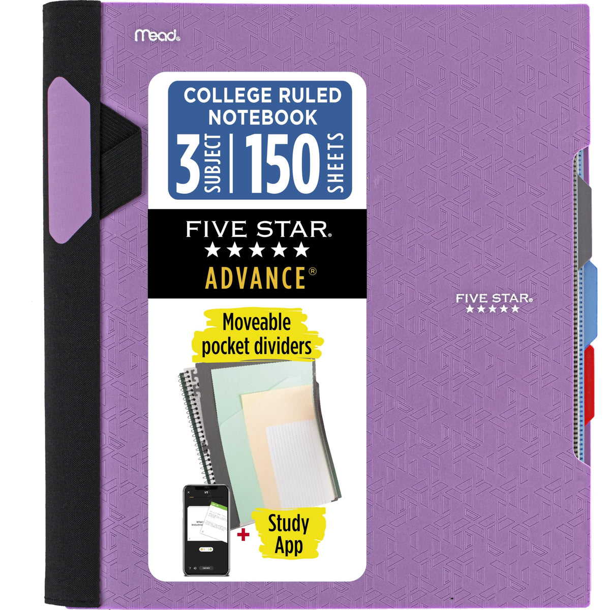 Five Star Advance Spiral Notebook + Study App, 3 Subject, College Ruled Paper, 8-1/2" x 11", 150 Sheets, Spiral Guard, Movable Tabbed Dividers, Pacific Blue (73138)