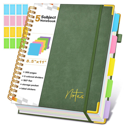 Spiral Notebook Journal with Removable Dividers Tabs, 300 Pages Hardcover Leather 5 Subject College Ruled Notebook, 8"x10" Large B5 Lined Journal for Women Men, Spiral Notebooks for Work School,Purple