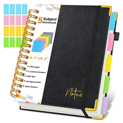 Spiral Notebook Journal with Removable Dividers Tabs, 300 Pages Hardcover Leather 5 Subject College Ruled Notebook, 8"x10" Large B5 Lined Journal for Women Men, Spiral Notebooks for Work School,Purple