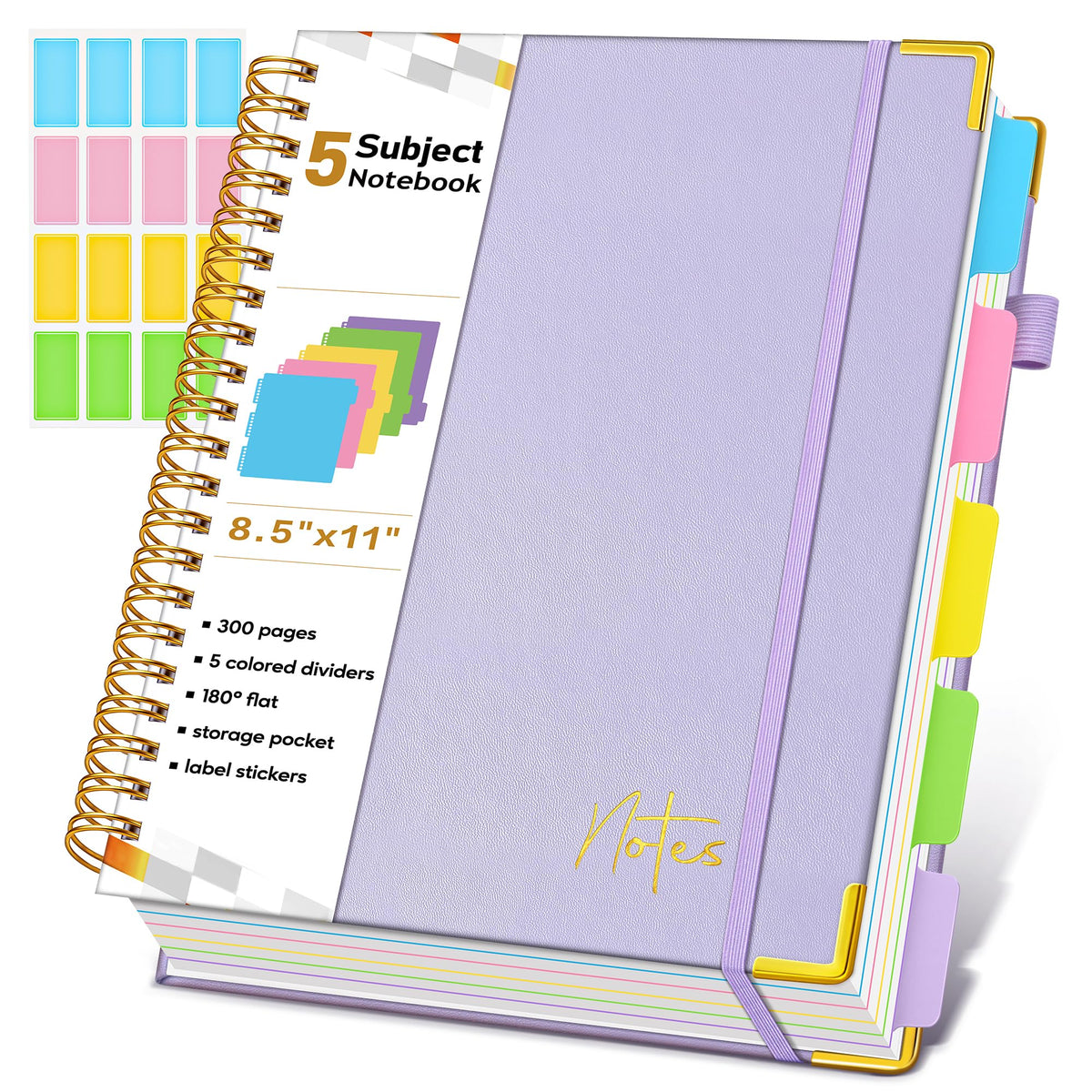Spiral Notebook Journal with Removable Dividers Tabs, 300 Pages Hardcover Leather 5 Subject College Ruled Notebook, 8"x10" Large B5 Lined Journal for Women Men, Spiral Notebooks for Work School,Purple