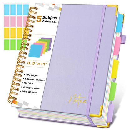 Spiral Notebook Journal with Removable Dividers Tabs, 300 Pages Hardcover Leather 5 Subject College Ruled Notebook, 8"x10" Large B5 Lined Journal for Women Men, Spiral Notebooks for Work School,Purple