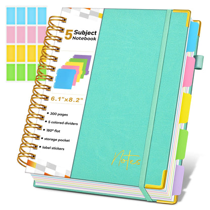 Spiral Notebook Journal with Removable Dividers Tabs, 300 Pages Hardcover Leather 5 Subject College Ruled Notebook, 8"x10" Large B5 Lined Journal for Women Men, Spiral Notebooks for Work School,Purple