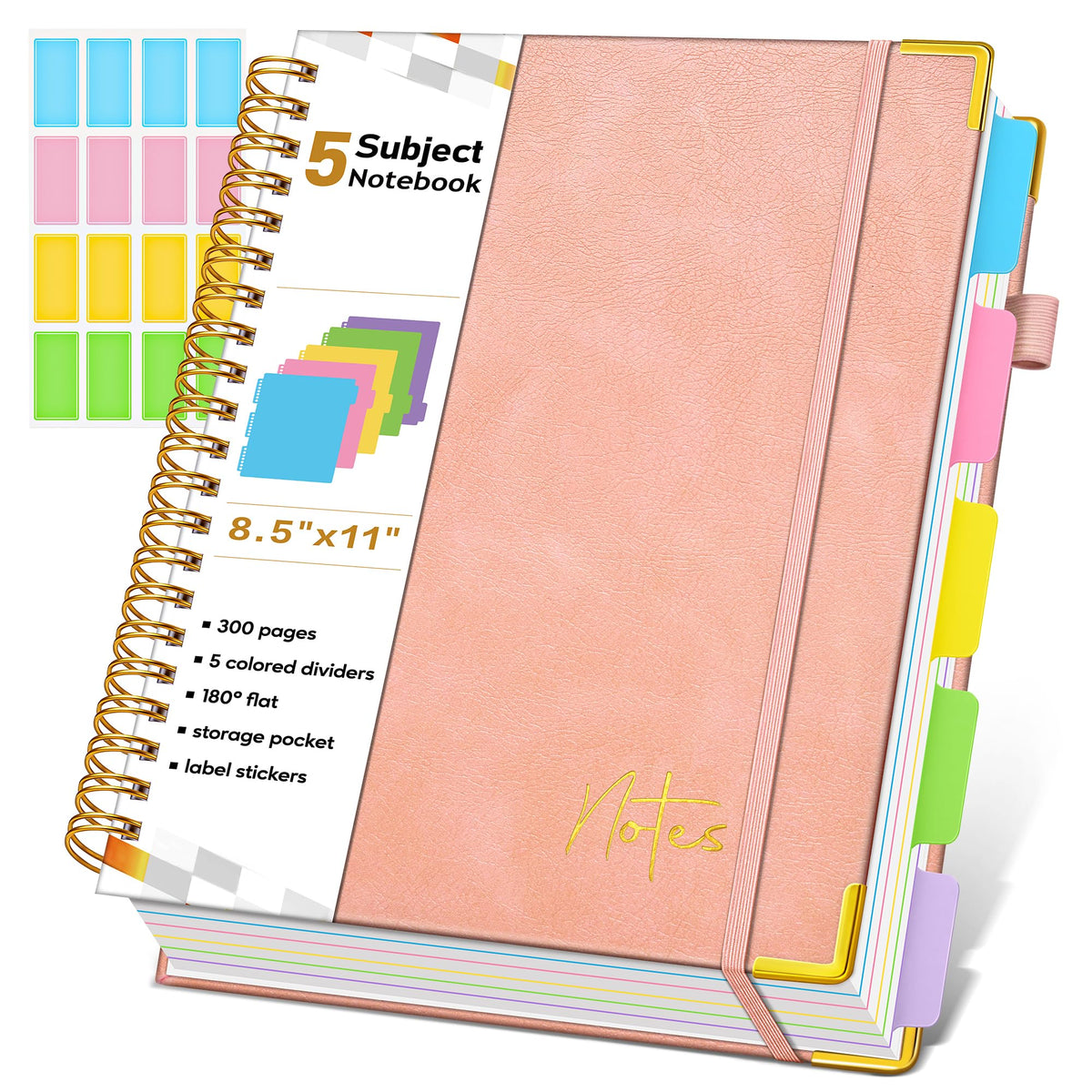 Spiral Notebook Journal with Removable Dividers Tabs, 300 Pages Hardcover Leather 5 Subject College Ruled Notebook, 8"x10" Large B5 Lined Journal for Women Men, Spiral Notebooks for Work School,Purple