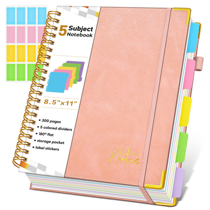 Spiral Notebook Journal with Removable Dividers Tabs, 300 Pages Hardcover Leather 5 Subject College Ruled Notebook, 8"x10" Large B5 Lined Journal for Women Men, Spiral Notebooks for Work School,Purple